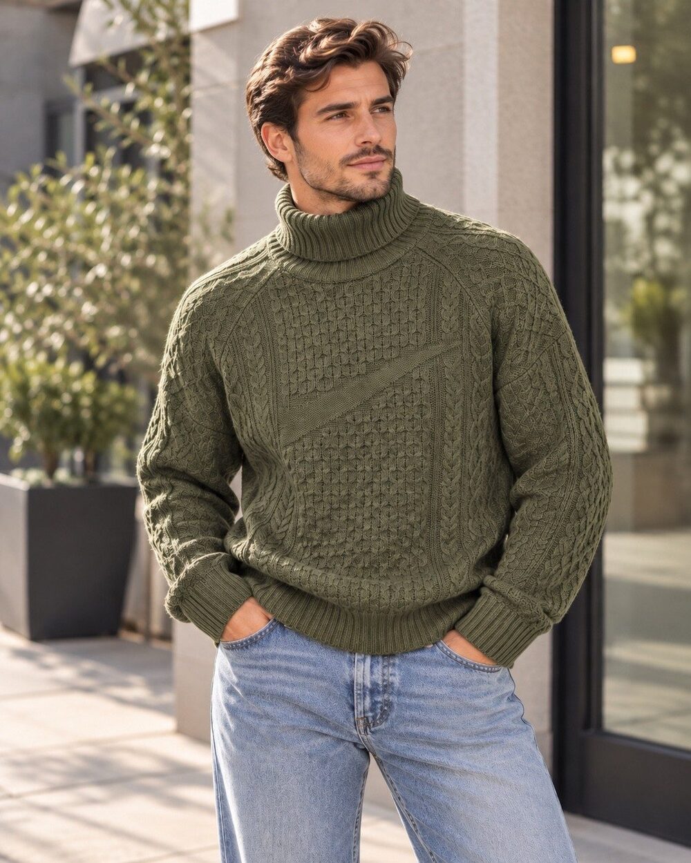 Eclectic Grandpa Nike Cable Knit Turtleneck Sweater Olive M